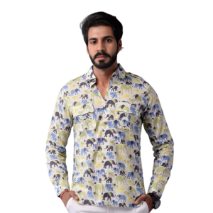 Sanganeri Antique White Hunting Styled Elephant Printed Shirt Men - Regal